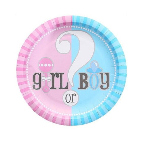 Import - Set 10 Farfurii Gender Reveal, Flippy, Girl or Boy, din Carton, 18 cm, Roz/Albastru