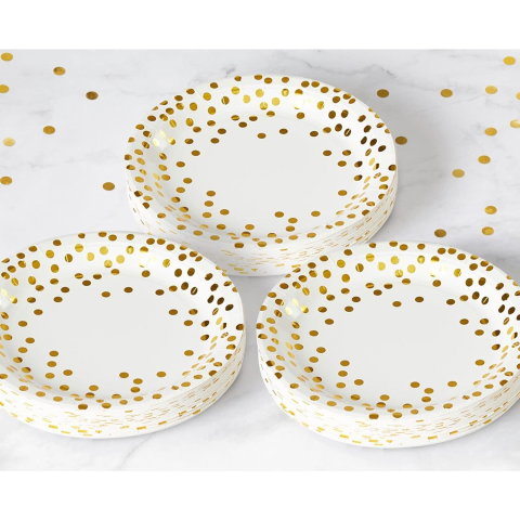 Import - Set 10 Farfurii Unica Folosinta, Flippy, Imprimeu cu Buline, din Carton, Diametru 18 cm, Alb/Auriu