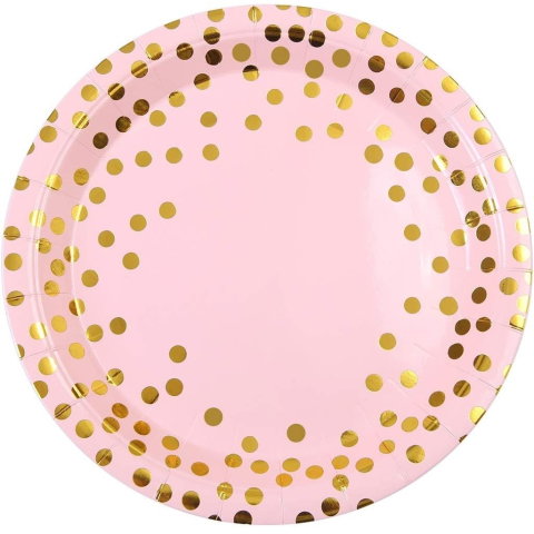 Import - Set 10 Farfurii Unica Folosinta, Flippy, Imprimeu cu Buline, din Carton, Diametru 18 cm, Roz/Auriu