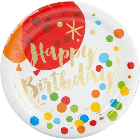 Best deals - Set 10 Farfurii Unica Folosinta, Flippy, Imprimeu Happy Birthday Buline, din Carton, Diametru 18 cm, Multicolor