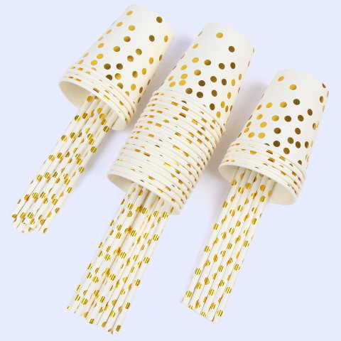 Import - Set 10 Pahare, Flippy, Imprimeu cu Buline, din Carton, 250 ml, 7.5 x 8.5 x 5.2 cm, Auriu