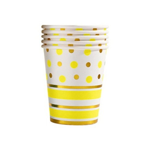 Import - Set 10 Pahare, Flippy, Imprimeu cu Buline si Dungi, din Carton, 250 ml, 7.5 x 8.5 x 5.2 cm, Galben/Auriu