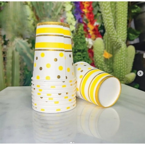 Import - Set 10 Pahare, Flippy, Imprimeu cu Buline si Dungi, din Carton, 250 ml, 7.5 x 8.5 x 5.2 cm, Galben/Auriu