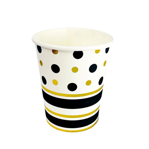 Import - Set 10 Pahare, Flippy, Imprimeu cu Buline si Dungi, din Carton, 250 ml, 7.5 x 8.5 x 5.2 cm, Negru/Auriu