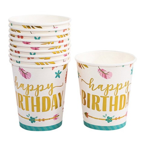 Best deals - Set 10 Pahare, Flippy, Imprimeu Happy Birthday Gold, din Carton, 250 ml, 7.5 x 8.5 x 5.2 cm, Multicolor
