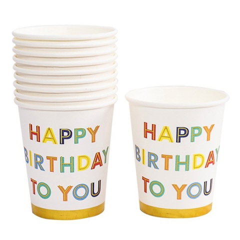 Best deals - Set 10 Pahare, Flippy, Imprimeu Happy Birthday to You, din Carton, 250 ml, 7.5 x 8.5 x 5.2 cm, Multicolor