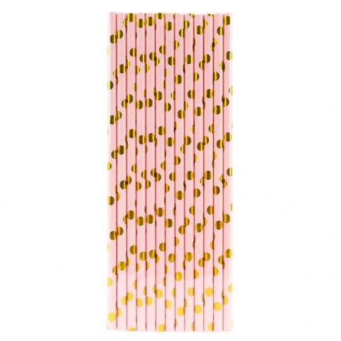 Import - Set 10 Paie, Flippy, din Hartie, 19.5 cm, Model cu Buline Aurii, Roz