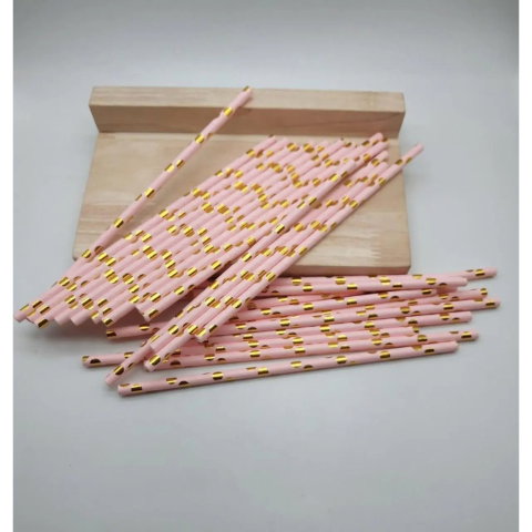 Import - Set 10 Paie, Flippy, din Hartie, 19.5 cm, Model cu Buline Aurii, Roz