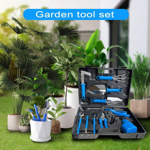 Import - Set 10 Unelte de Gradina, Flippy, pentru Plantare Prelucrare Sol si Ingrijire Plante, Manere Albastre, Material PVC si Otel Inoxidabil, Cutie Inclusa, 37x28x7 cm, Negru