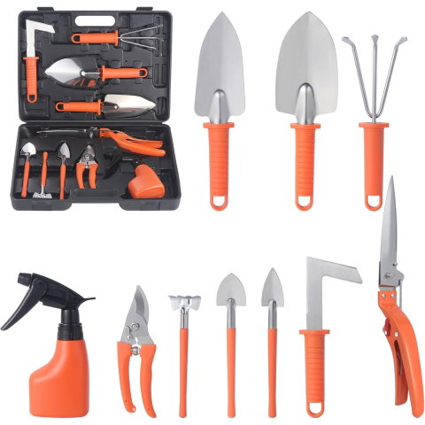 Import - Set 10 Unelte de Gradina, Flippy, pentru Plantare Prelucrare Sol si Ingrijire Plante, Manere Portocalii, Material PVC si Otel Inoxidabil, Cutie Inclusa, 37x28x7 cm, Negru