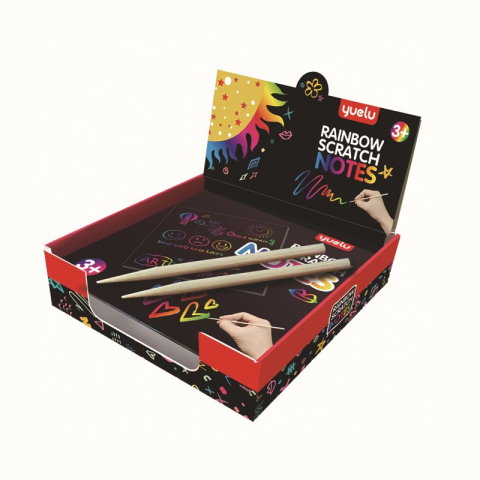 TeoMarket - Set 100 de Planse Razuibile, Flippy, din Hartie Curcubeu, 2 Creioane din Bambus + 2 Sabloane, +3 Ani, 8.5 x 8.5 cm, Multicolor