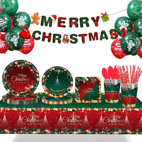 TeoMarket - Set 119 Piese, Flippy, pentru Masa de Craciun, Farfurii 18 cm, Farfurii 23 cm, Pahare, Servetele, Tacamuri, Fata de Masa, Ghirlanda, Paie, Rosu/Verde