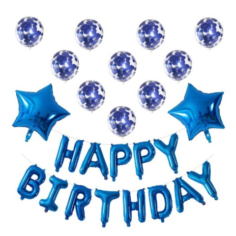 Import - Set 12 Baloane si 1, Set pentru Aniversare, mesaj Happy Birthday, din folie de aluminiu, 30 -45 cm, Cu paiete, latex si folie, Albastru
