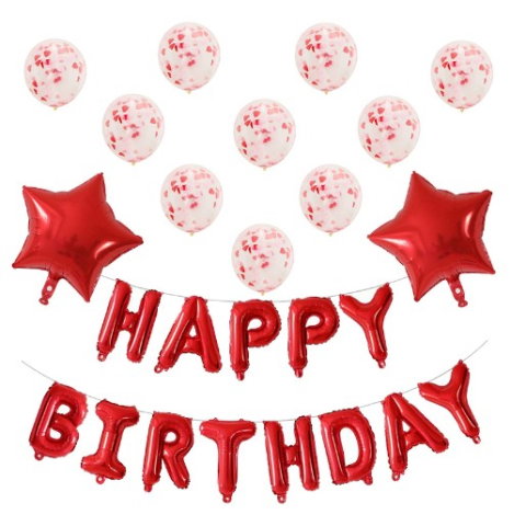 Import - Set 12 Baloane si 1, Set pentru Aniversare, mesaj Happy Birthday, din folie de aluminiu, 30 -45 cm, Cu paiete, latex si folie, Rosu
