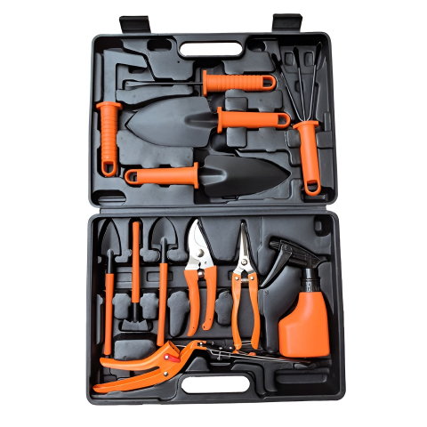 Import - Set 12 Unelte de Gradina, Flippy, pentru Plantare Prelucrare Sol si Ingrijire Plante, Manere Portocalii, Material PVC si Cardboard, Cutie Inclusa, 37x28 cm, Negru