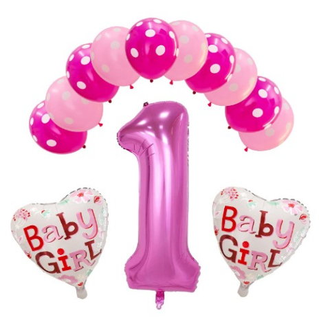 Import - Set 13 baloane, pentru Prima Aniversare, 10 baloane latex, 2 baloane inima folie, cifra 1, Roz