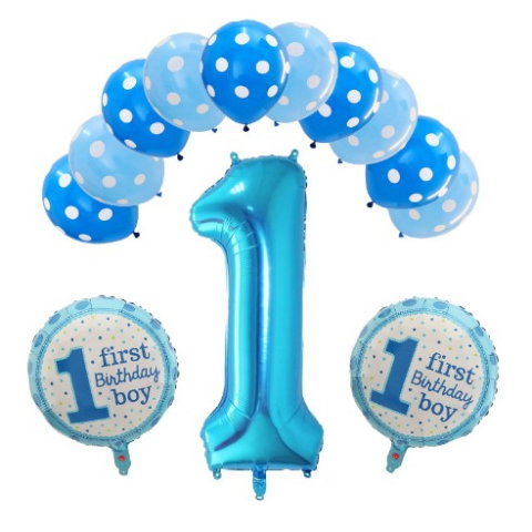 Import - Set 13 baloane, pentru Prima Aniversare, 10 baloane latex, 2 baloane rotunde folie, cifra 1, albastru