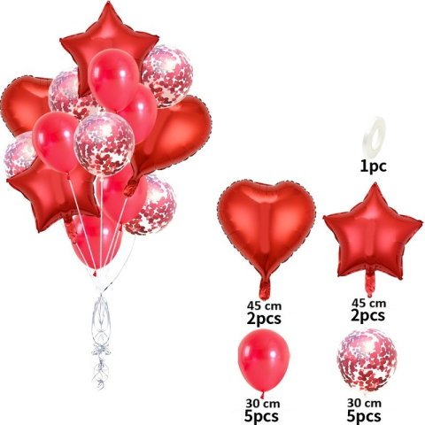 Import - Set 14 Baloane din Folie Metalizată si din Latex, Flippy, Figurine Stea si Inima 45 cm, Baloane Latex 30 cm, Tema Buchet, Ambalaj Individual, Pai Inclus, Umflare cu Aer sau Heliu, Rosu