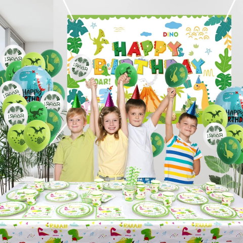 TeoMarket - Set 16 Accesorii de Masa, Flippy, Colectia Dino Park, 136 Piese, din Carton/Plastic/Hartie, Multicolor