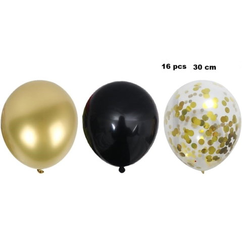 Best deals - Set 16 Baloane din Latex, Flippy, Model Party, 30 cm, Auriu, Negru, Confetti, 2.8 g