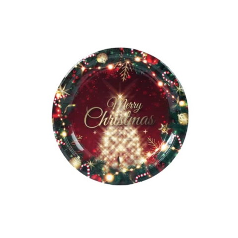 TeoMarket - Set 16 Farfurii de Unica Folosinta, Flippy, Model Brad de Craciun Merry Christmas, Tematica Craciun, 23 cm, Rosu/Verde