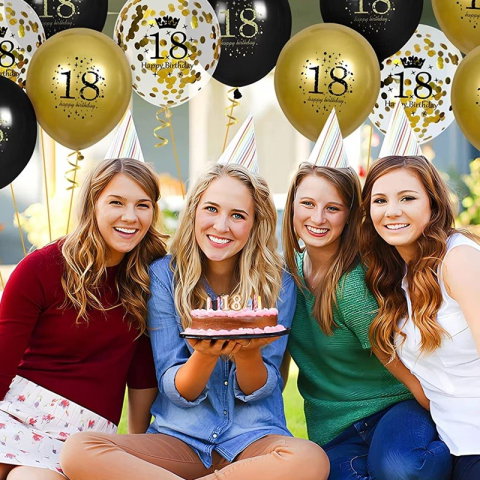 Best deals - Set 18 Baloane Majorat, Flippy, din Latex, Metalizate, Mesaj 18 Happy Birthday, 30 cm, cu Confetti, Auriu/Negru