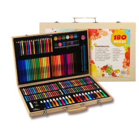 Markere si Set Desen - Set 180 Piese pentru Desen si Pictura, Flippy, Tip Servieta din Lemn, Model Natur, 46 x 30.9 x 4.1 cm, Multicolor