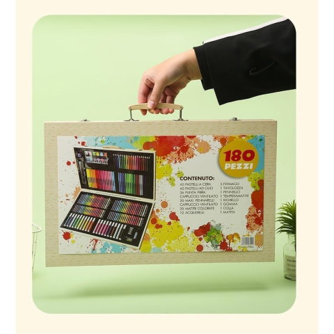 Best deals - Set 180 Piese pentru Desen si Pictura, Flippy, Tip Servieta din Lemn, Model Natur, 46 x 30.9 x 4.1 cm, Multicolor