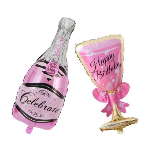 Best deals - Set 2 Baloane din Folie Metalizata, Flippy, tematica Aniversare HAPPY BIRTHDAY, Figurine Model Sticla de Sampanie 50 x 108 cm si Pahar 48 x 93 cm, Roz