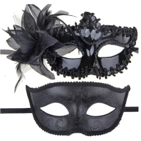 TeoMarket - Set 2 Masti de Cuplu, Flippy, pentru Carnaval, Bal Mascat, Marime Universala, Model Floare Laterala si Margele, Model Clasic, Negru Gri