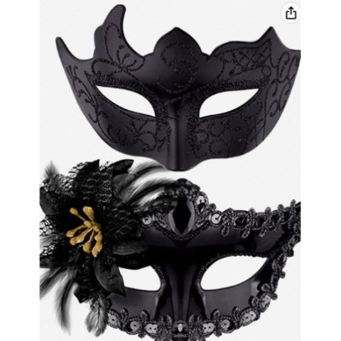 TeoMarket - Set 2 Masti de Cuplu, Flippy, pentru Carnaval, Bal Mascat, Marime Universala, Model Floare Laterala si Margele, Model Clasic, Negru texturat