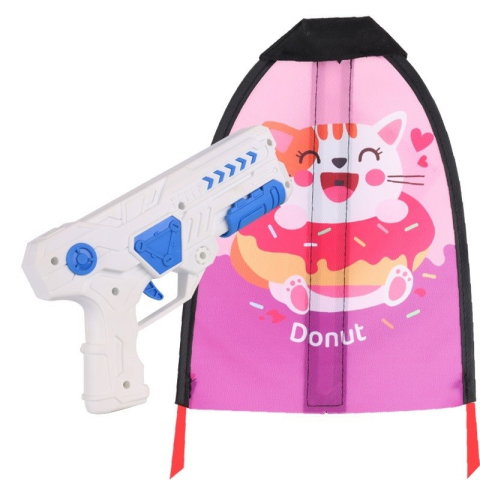 TeoMarket - Set 2 Piese Jucarie Interactiva, Flippy, Pistol de Catapultare + Zmeu, din Plastic si Panza, +8 Ani, Impermeabil, Model Pisicuta cu Gogoasa, Multicolor