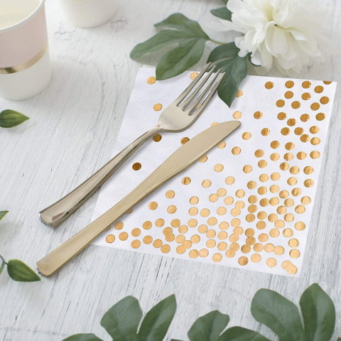 Import - Set 20 de Servetele de Masa, Flippy, Imprimeu cu Buline Aurii, din Hartie, 17 x 17 cm, Alb