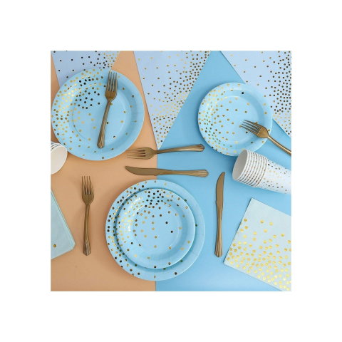 Import - Set 20 de Servetele de Masa, Flippy, Imprimeu cu Buline Aurii, din Hartie, 17 x 17 cm, Albastru