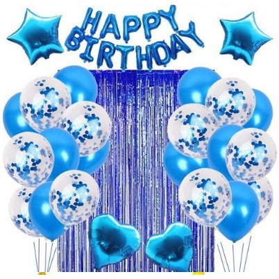 Import - Set 24 de baloane folie si latex, 10 baloane latex simple, 10 bloane latex cu paiete, 4 baloane folie, ribon, 1x2 m perdea, Albastru