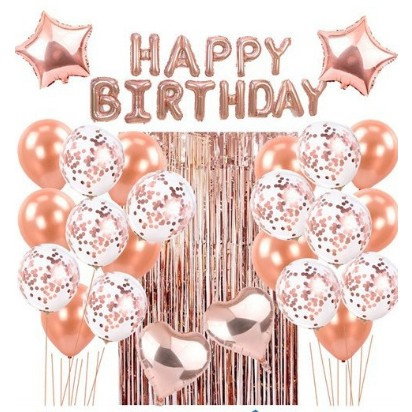 Import - Set 24 de baloane folie si latex, 10 baloane latex simple, 10 bloane latex cu paiete, 4 baloane folie, ribon, 1x2 m perdea, Rose Gold