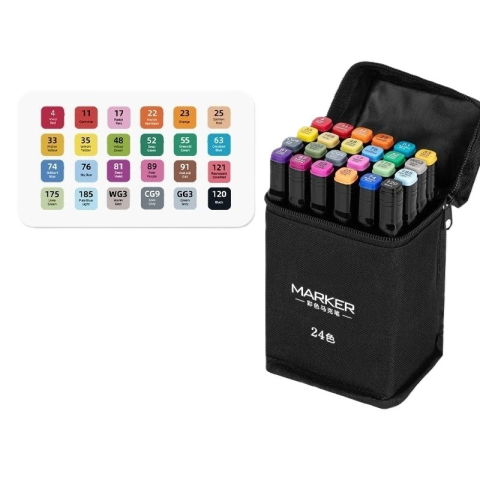 Markere si Set Desen - Set 24 Markere, Flippy, pe Baza de Alcool, Dublu Capat, Subtire 1mm si Gros 6 mm, Geanta Depozitare, 15 cm, Multicolor