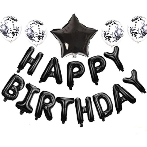 Import - Set 25 de Baloane din Folie Metalizata si Latex, Flippy, Figurine 2 Stele, 4 Baloane Confetti, 13 Litere, 6 Latex, Model Happy Birthday, Tema Aniversare, 40 cm, Ambalaj Individual, Pai Inclus, Umflare