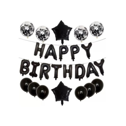 Import - Set 25 de Baloane din Folie Metalizata si Latex, Flippy, Figurine 2 Stele, 4 Baloane Confetti, 13 Litere, 6 Latex, Model Happy Birthday, Tema Aniversare, 40 cm, Ambalaj Individual, Pai Inclus, Umflare