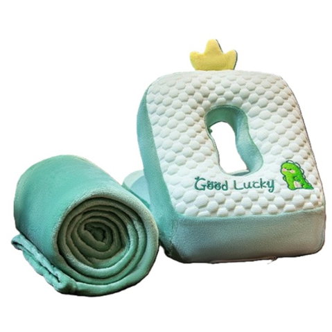 TeoMarket - Set 2in1 Patura Microfibra si Perna din Spuma, Flippy, pentru Birou, Calatorii, Pauze, Model Dinozaur, Microfibra, 1x1.7 m, 30x35x30 cm, Verde