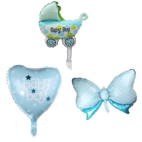 Best deals - Set 3 Baloane din Folie Metalizata, Flippy, Figurine Carucior, Inima, Fundita, Tema Botez, 45 cm, Ambalaj Individual, Pai Inclus, Umflare cu Aer sau Heliu, Albastru