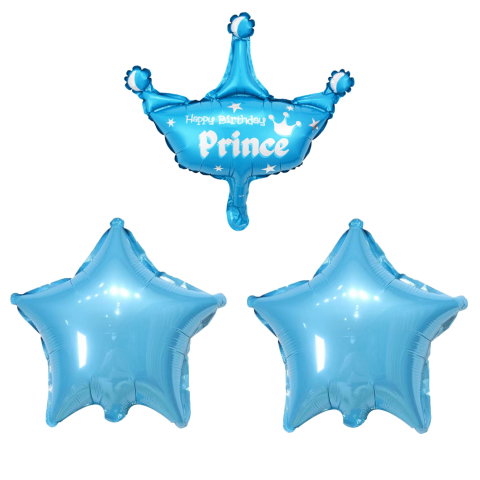 Best deals - Set 3 Baloane din Folie Metalizata, Flippy, Figurine Coroana si Stea, Model Aniversare, 40 cm, Ambalaj Individual, Pai Inclus, Umflare cu Aer sau Heliu, Albastru