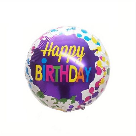 Figurine si Baloane 3D - Set 3 Baloane din Folie Metalizata, Flippy, Mini Figurina Rotunda, Model Happy Birthday, 45 cm, Ambalaj Individual, Pai inclus, Umflare cu Aer sau cu Heliu, Multicolor