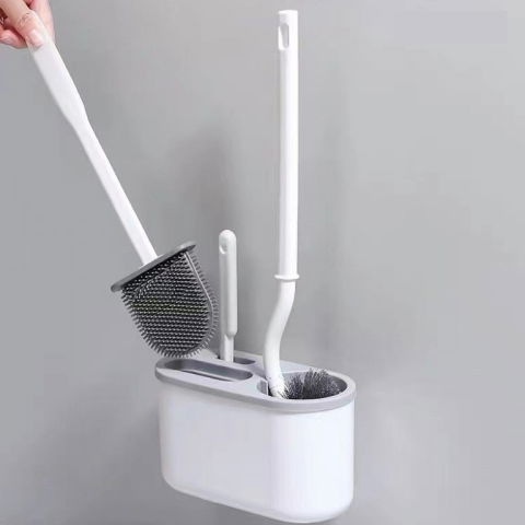 Articole pentru baie - Set 3 Perii pentru Toaleta, Flippy, din Silicon, Perie Zimtata, Cap Flexibil, Suport Adeziv pentru Montarea pe Perete, 39 x 19 x 9.8 cm, Gri/Alb