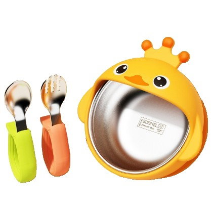 TeoMarket - Set 3 Piese Diversificare Bebelusi si Copii, Flippy, Bol, Lingura si Furculita, Model Ratusca, din Silicon si Otel Inoxidabil, Galben