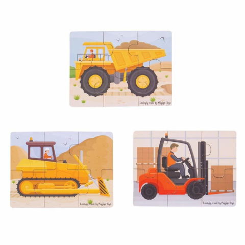 25 - 50 LEI - Set 3 puzzle din lemn - Vehicule pentru constructii