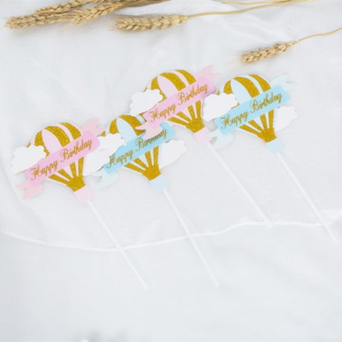 Import - Set 3 Toppere pentru Tort, Flippy, Model Balon cu Aer Cald Happy Birthday, Tematica Aniversare, Albastru