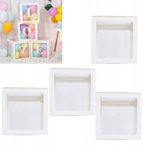 Petrecere - Set 4 Cutii pentru Baloane, Flippy, Model Simplu, Tematica Aniversare, Cuburi Decorative din Plastic, Accesorii pentru Petrecere, 30 x30 cm, Transparente Contur Alb