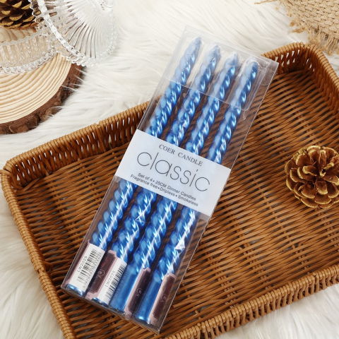 Lumanari - Set 4 Lumanari pentru Masa, Cina, Decor, Flippy, Model Rasucit, Lungime 25 cm, Albastru