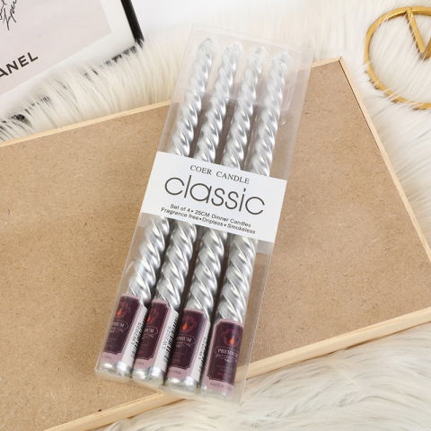 Lumanari - Set 4 Lumanari pentru Masa, Cina, Decor, Flippy, Model Rasucit, Lungime 25 cm, Argintiu